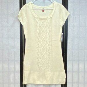 LEI Cap Sleeve Scoop Neck Front Cable Knit Delores Sweater Dress Ivory L NEW